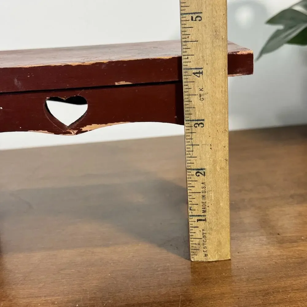 Vintage Small Wood Riser Shelf Rustic Heart Cutout Distressed Red Decor